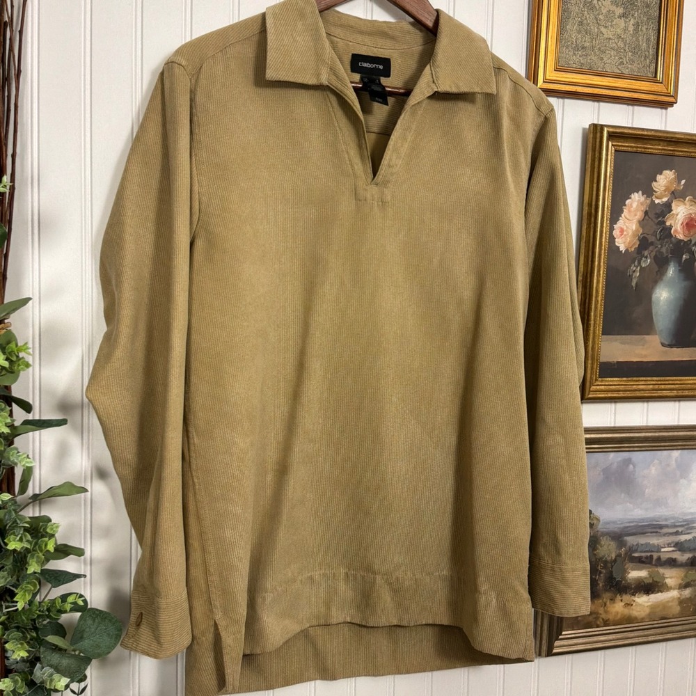 Claiborne Pullover Shirt Mens Small Tan Excellent Corduroy V-Neck Long Sleeve - Picture 2 of 6